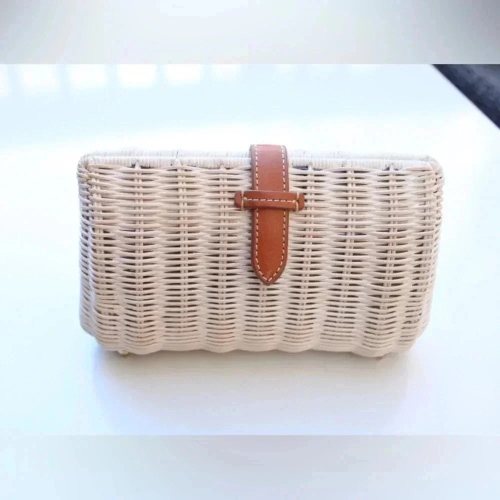 J. McLaughlin Cream Wicker Clutch with Tan Leather Strap